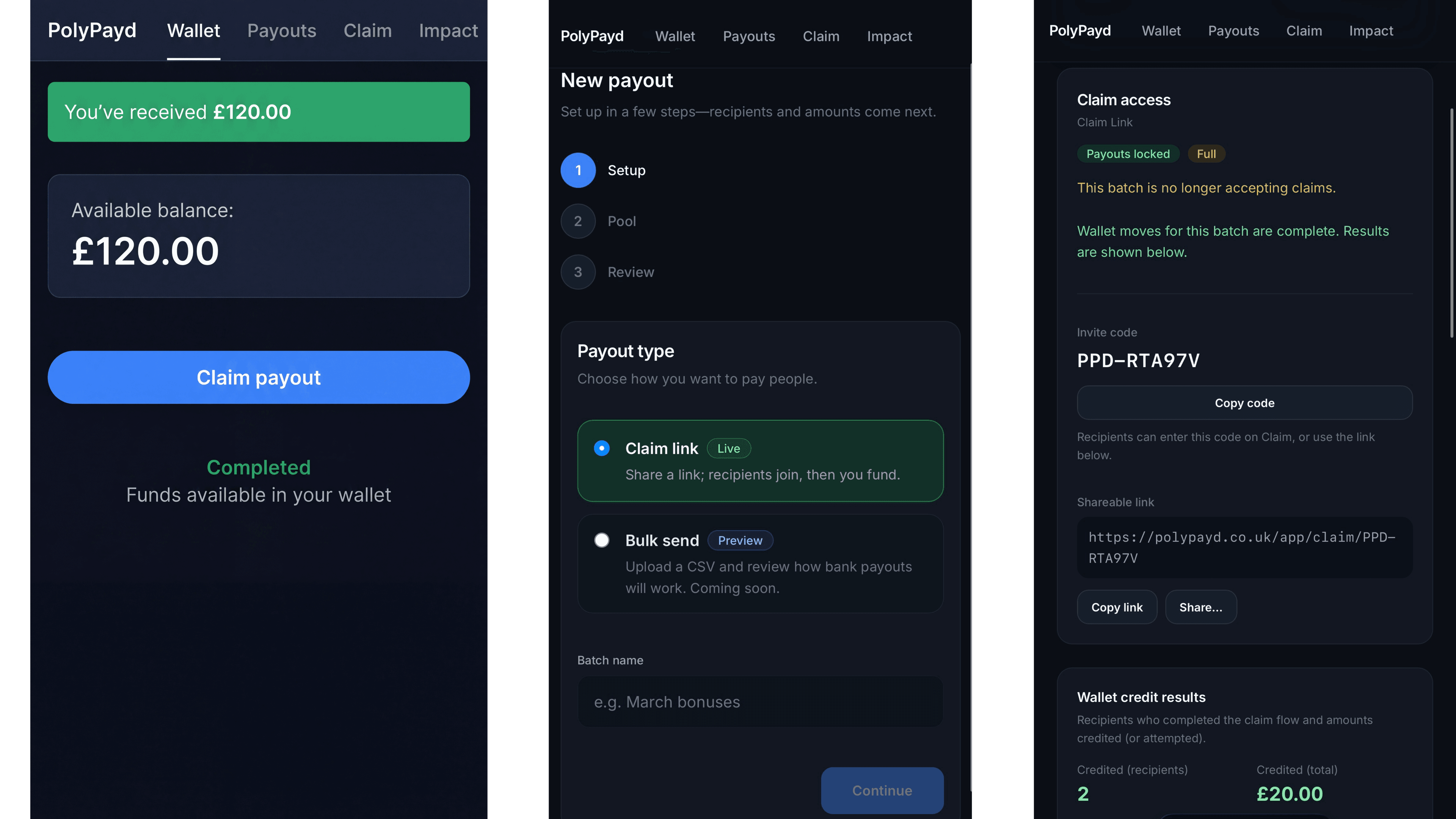 PolyPayd recipient flow: claim path and wallet balance